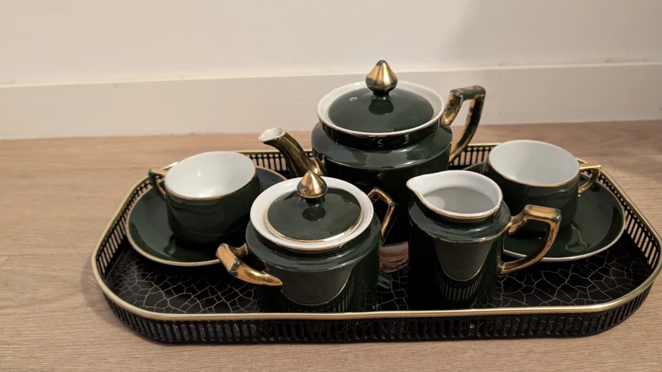 Service café/thé céramique vert doré floral avec tasses, théière, plateau - Photo 2/4