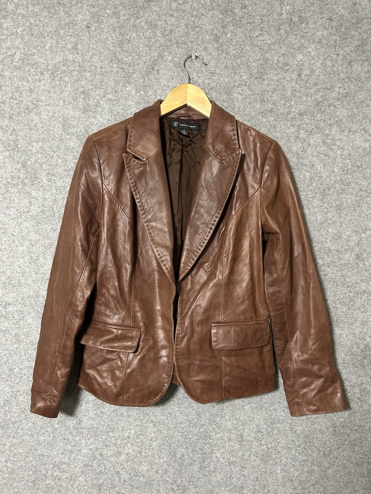 INC International Concepts Leather Jacket Women's Medium Brown Boho Southwestern