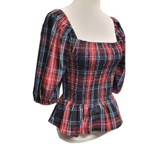 Draper James RSVP New Size L Smocked Peplum Top Elbow Sleeve Red Multi Plaid - Picture 2 of 8