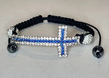 Sideways Cross Bracelet Blue Clear Glass Rhinestones Adjustable Black Cord