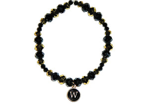 INITIAL "W" CHARM (BLACK) BEADED BRACELET (7 5/8"):  HAND-MADE JEWELRY BY T.L.C.