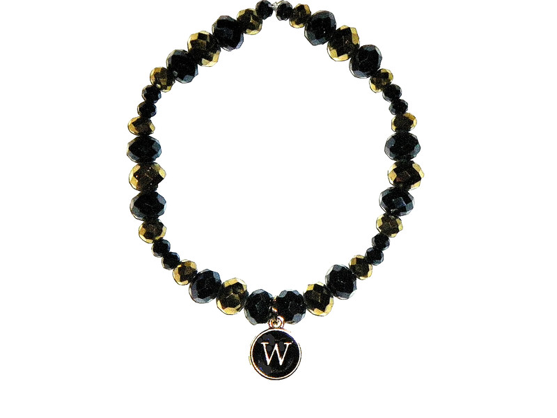 INITIAL "W" CHARM (BLACK) BEADED BRACELET (7 5/8"):  HAND-MADE JEWELRY BY T.L.C.