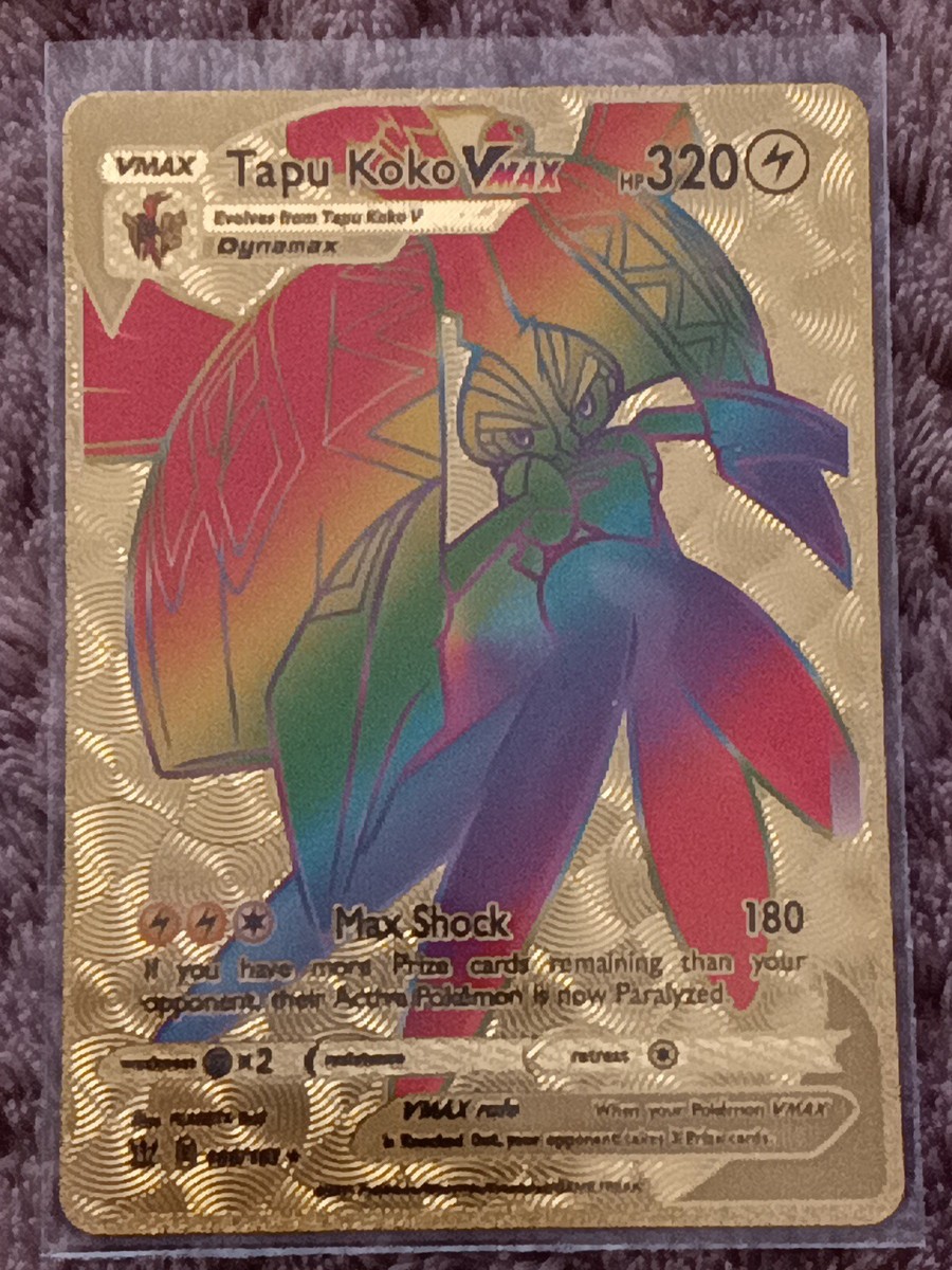 Rainbow Tapu Koko VMAX Pokemon Gold Foil Card Fan Art with Top