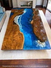 Custom Ocean Wave Blue Epoxy Resin Dining Table Handmade Kitchen Slab Countertop
