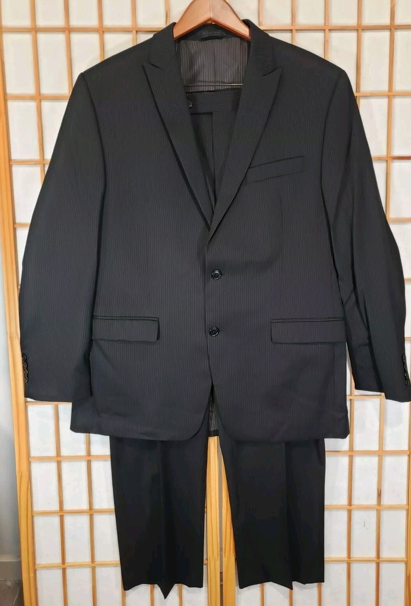 Calvin Klein Macys Slim Fit Suit 100% Wool Striped Black Coat 44R Pants  40x30