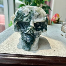Natural Moss Agate Quartz Crystal Stone HandCarved Skull Reiki Healing 1745g