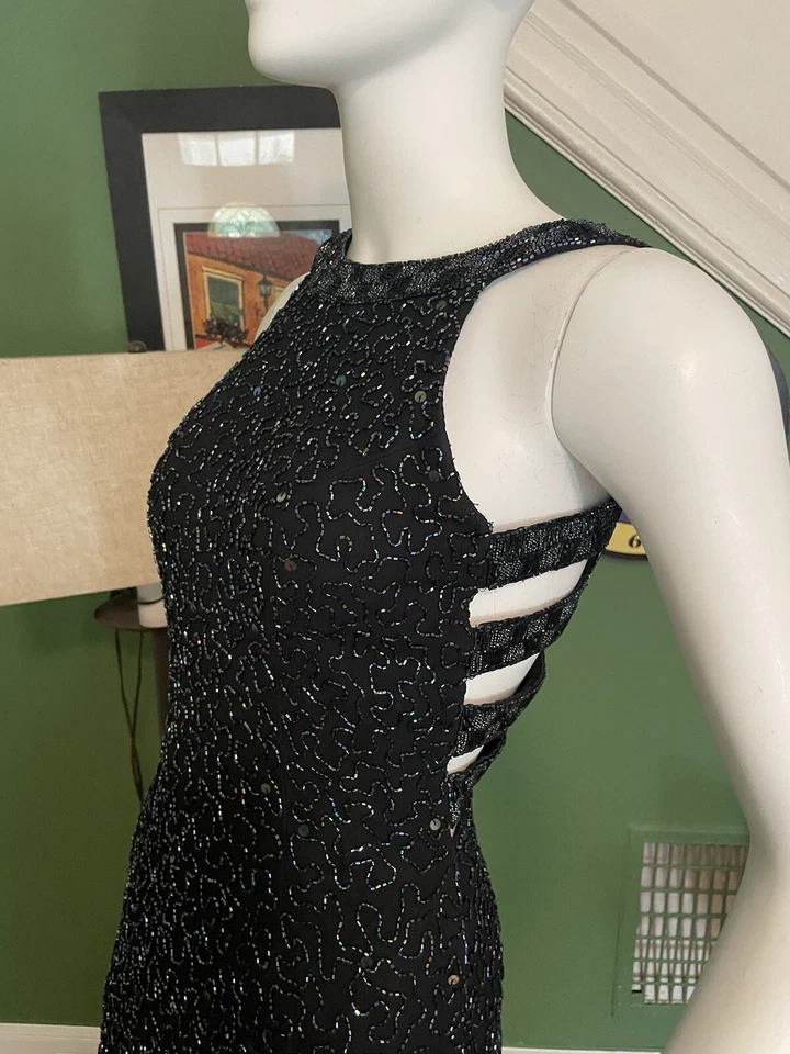 Vestido Vintage Años 90 DINASTÍA Cuentas Sin Espalda 💯 Seda Hollywood Glam 36 Pequeño Foto 4 de 4