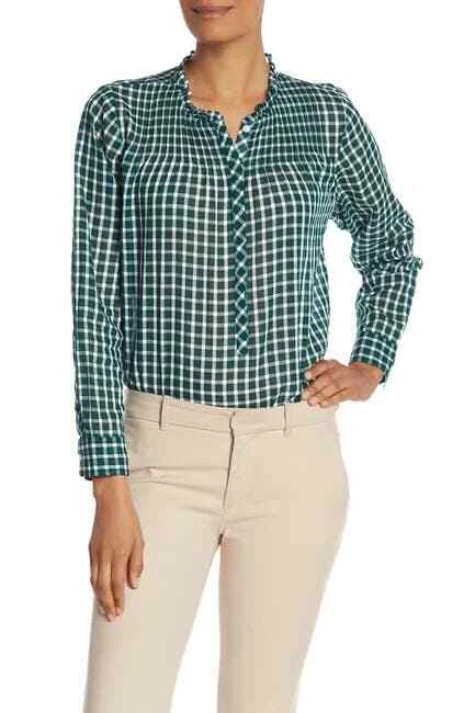 J.Crew Top Shirt Womens Size 2 Green Gauze Gingham Pleated Ruffle Trim  Blouse | eBay