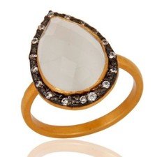 Natural White Moonstone 925 Sterling Silver 18K Gold Plated Gemstone Ring
