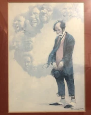 Vintage Robert Owen 5x7 Pondering Clown Print Framed 12x10 Gold Metal