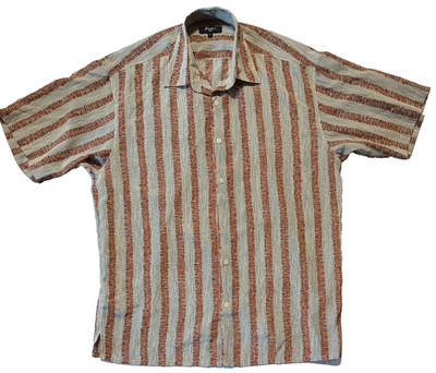 Bassiri Uomo Men's XL Shirt Short Sleeve Abstract Textured Stripe Rust Blue Silk