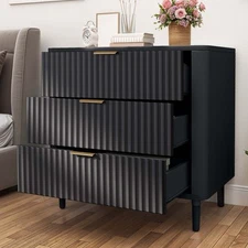 Black 3 Drawer Dresser Modern Closet Dressers Chest of Drawers with Fluted Panel
