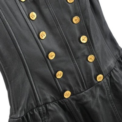 chanel black gold chain dress 1993 Fishbone Leather CC Buttons pcat-300