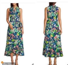 J. McLaughlin Miramar Floral Linen Cotton Wrap Midi Dress Sleeveless Blue Sz XS