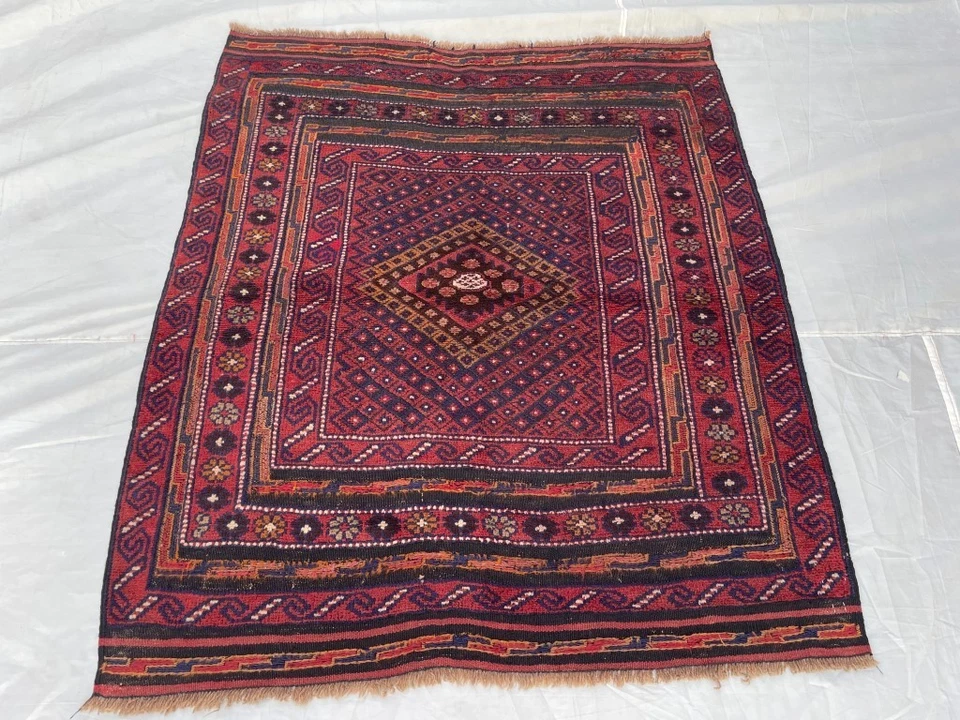 Handmade Afghan Baluchi Wool Rug 4.5x4.0 ft Red Tribal Oriental Carpet Area Rug - Image 2 of 4