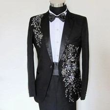 Men's Black 2-Piece Suit Floral Embroidered Western Wedding Prom Slim