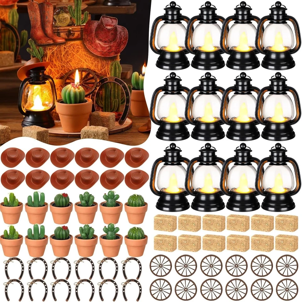 128 Pcs Rustic Cowboy Party Decor Set - Lanterns, Horseshoes & Cactus Tealights - Image 3 of 4
