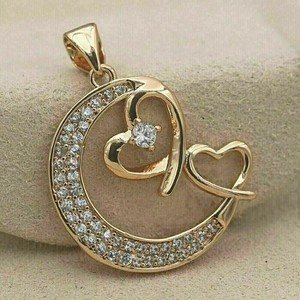 Authentic 2.10 Ct Round Cut Real Moissanite Moon Heart Pendant 14k Yellow Gold Plated.