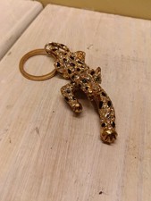 Leopard Metal Keychain 3.5" Gold Tone Color Green Eyes