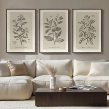 Large Framed Botanical Wall Art for Living Room, 3 Piece Neutral Plant Canvas...