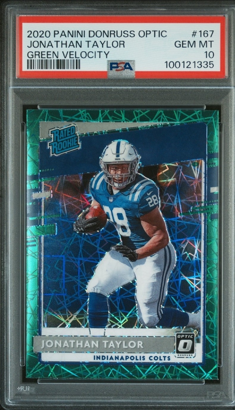 2020 Donruss Optic Jonathan Taylor Green Velocity Prizm PSA 10 GEM Rated Rookie