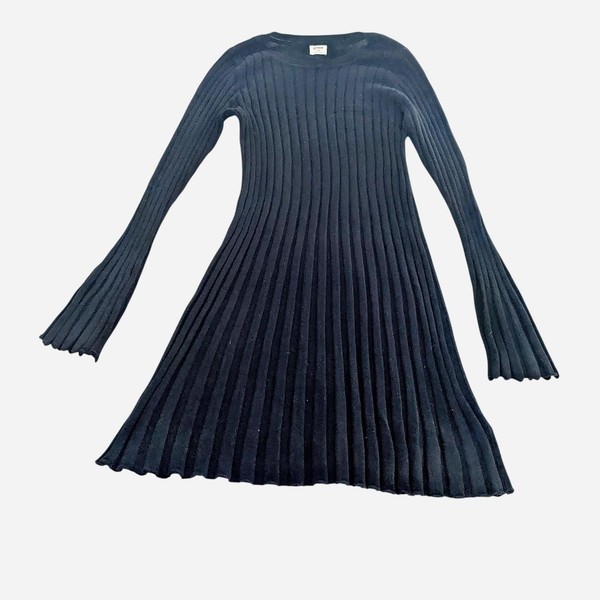 Cotton On Black Knit Fit & Flare Mini Skater Dress Pleated Bell Sleeve Size L