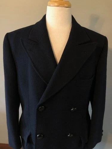 Men's Bloomingdales Navy Wool Double-Breasted Overcoat-Size 40R-Made in England image 3