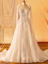 Bohe Wedding Dresses Beaded Bridal Gown with Floral Lace-up Tulle Floor Length