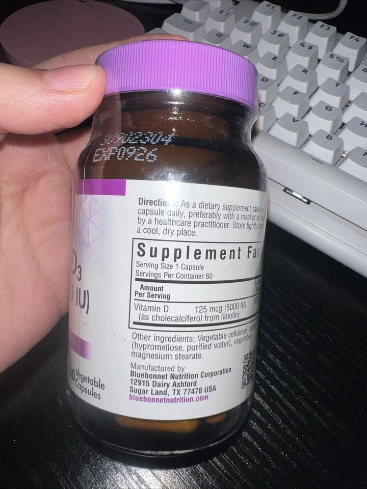 Bluebonnet Vitamina D3 125 Mcg 5000 UI 60 Cápsulas Vegetales Exp 09/26 Foto 2 de 2