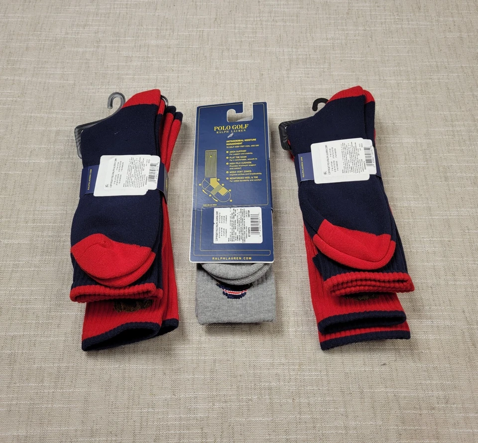 POLO Ralph Lauren Crew Calcetines Polo Oso Lote De 3 Rojo Azul Gris Talla 10-13 5 Pares Foto 2 de 4