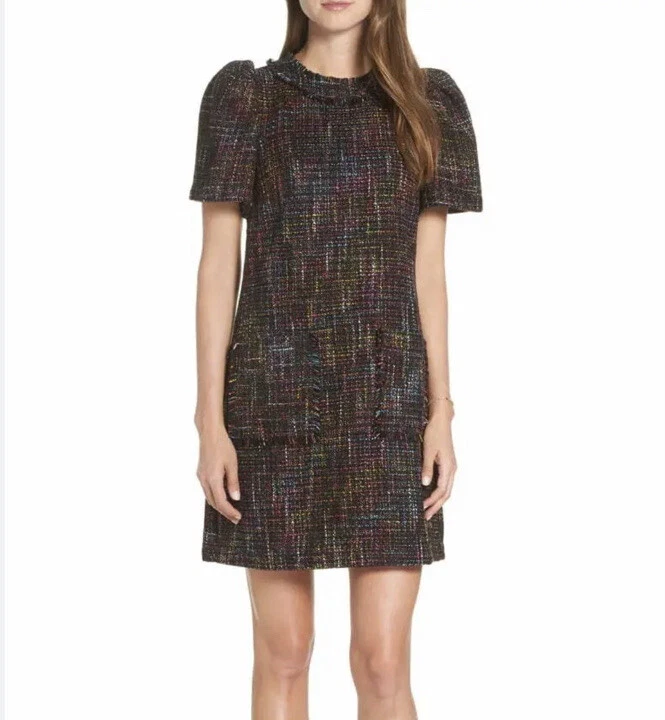 1901 Nordstrom Size 6 Tweed Puff Sleeve Mini Shift Dress W Front Pockets