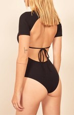 REFORMATION Ivy Ribbed Knit Waist Tie Cutout Open Back Crewneck Bodysuit Shirt L