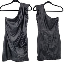 Entro Vegan Faux Leather One Shoulder Mini Dress M Black Ruffle Sexy Cocktail