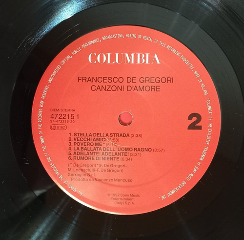 Francesco De Gregori – Canzoni D'Amore VINILE LP POP 1992 Columbia COL 472215 1 - Picture 3 of 14