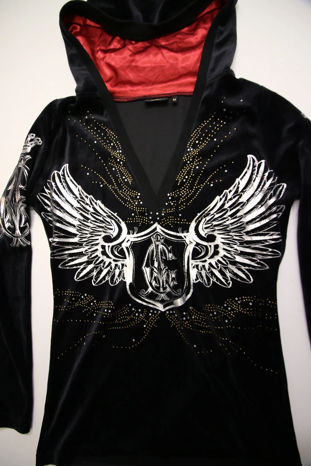 Sudadera con Capucha de Terciopelo Christian Audigier De Colección Cuello en V Para Mujer M Negra Estrás Ala Corona Foto 2 de 4