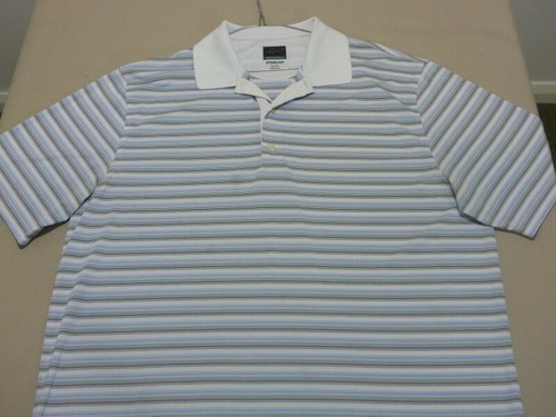 110 MENS EX-COND GREG NORMAN 2 BELOW WHT / BLUE STRIPE S/S POLO SZE XL $110 RRP. - Picture 2 of 7
