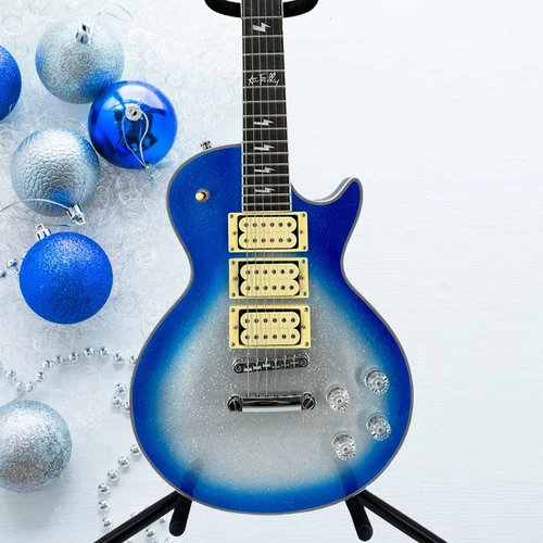 Custom Les Paul Electric Guitar Blue silver pink trim 3H open pickup White knob