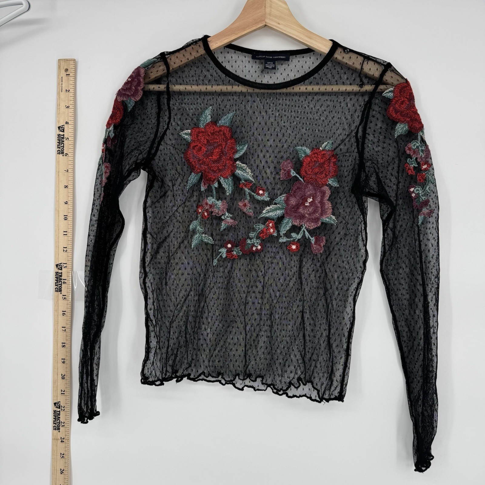 American Eagle Outfitters Y2K Mesh Sheer Black Floral Long Sleeve Top Sz Small