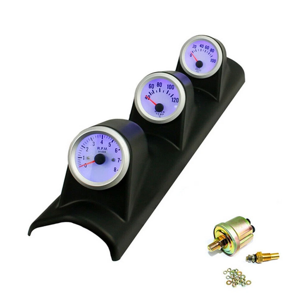 52mm Car Triple Gauge Kit 3in1 Tachometer RPM Water Temp Oil Pressure 12V - Изображение 3 из 4