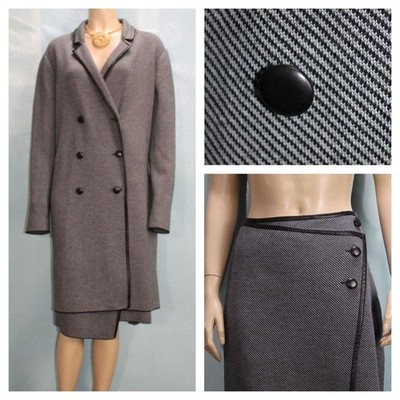 New ST JOHN Gray Black Jacket Skirt XL L 16 12 10 2pc Suit Leather Trim Pockets