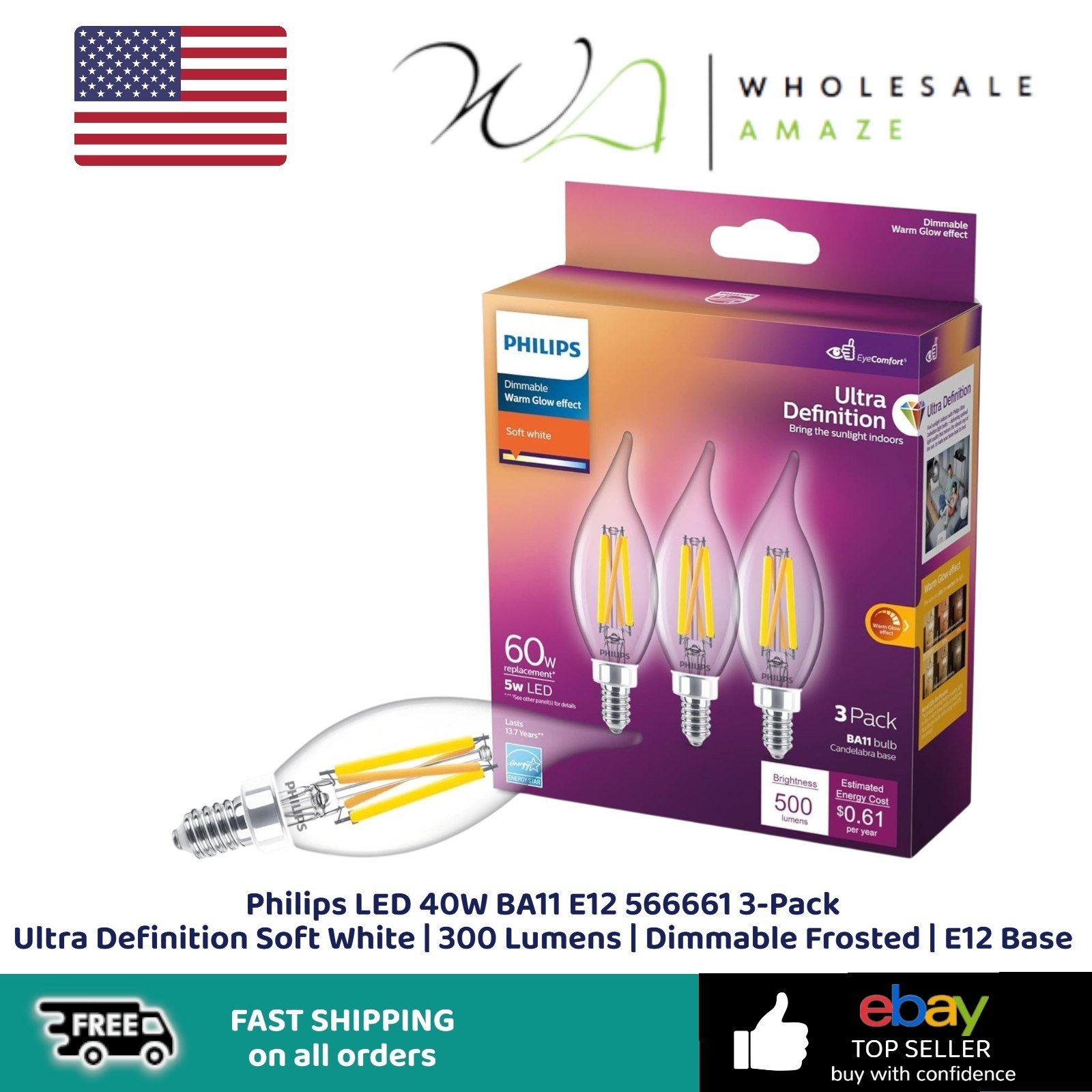 Philips LED 40W BA11 E12 566661 3-Pack Ultra Definition Soft