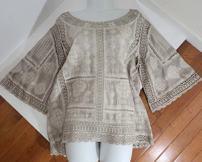 DEMOCRACY Sz L Crochet Trim Tan 3/4 Sleeve Boho Blouse Shirt Resort wear Chic - Image 1 of 4