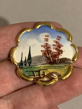 Vintage Kitsch Hand Painted Porcelain Countryside Scene Brooch