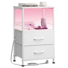White Night Stand with Charging Station, LED Nightstand with 2 Fabric Drawers...