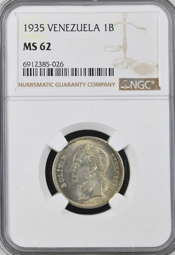 1935 Venezuela 1 Bolivar Silver 1B NGC MS62 Y#22 Graded Mint State