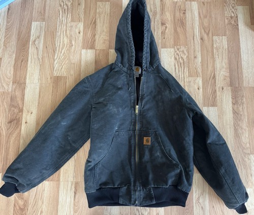 Y2K Carhartt Jacket J130 Black Full Zip Quilt Lined Canvas Loose Hooded Size S