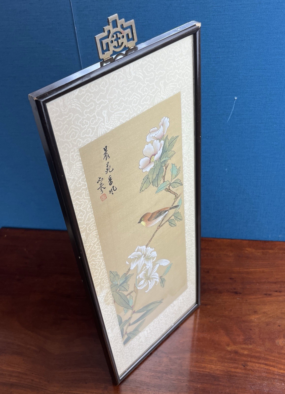 Vintage Chinese Silk Bird Floral Picture Framed Oriental Wall Art Brass Hanger image 8