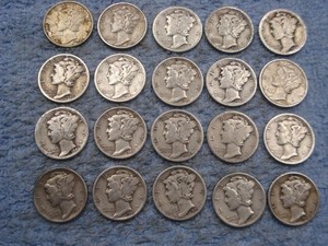 20 SILVER MERCURY DIMES WITH DATES lot WE