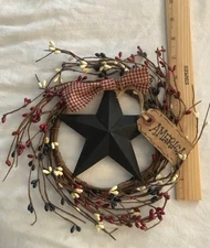 DLCC~Patriotic 7” Pip Berry ring W/ 5.5” Black Metal Star decor Homespun Bow