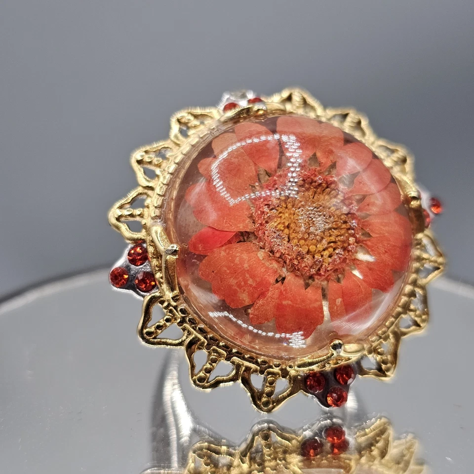 Encased Flower Dome Ring Sz 10.5 Stainless Steel Two Tone Metal Orange Petal - Image 4 of 4